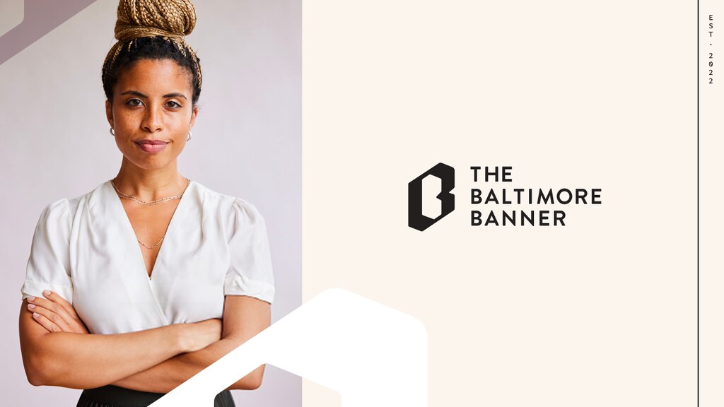 Woman staring at the camera with the Baltimore banner logo on the right